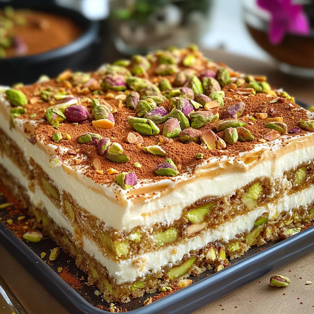 Tiramisu pistache & cassonade caramélisée servi dans une verrine, décoré de pistaches concassées et de sucre caramélisé.