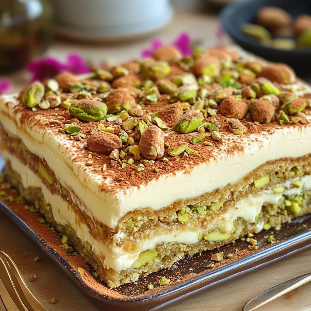 Tiramisu pistache & cassonade caramélisée servi dans une verrine, décoré de pistaches concassées et de sucre caramélisé.