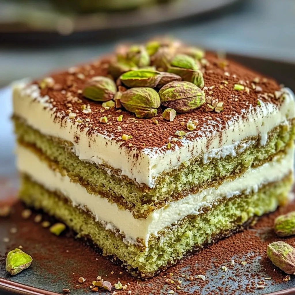 Tiramisu à la pistache présenté dans une verrine, avec des couches de crème onctueuse et des éclats de pistache sur le dessus.
