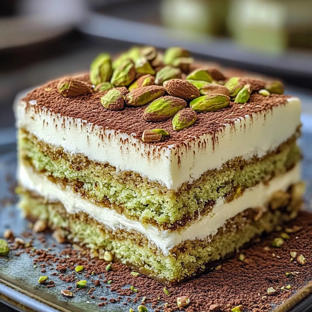 Tiramisu à la pistache présenté dans une verrine, avec des couches de crème onctueuse et des éclats de pistache sur le dessus.