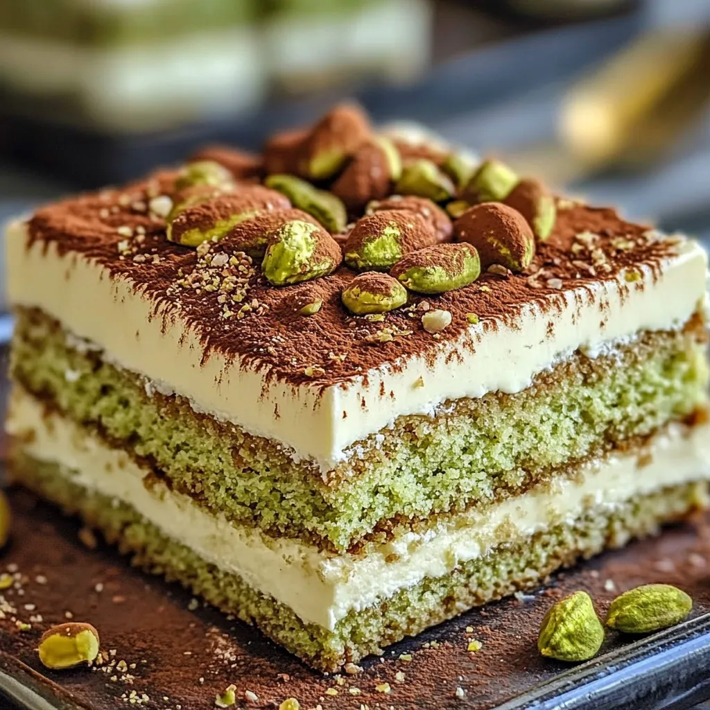 Tiramisu à la pistache présenté dans une verrine, avec des couches de crème onctueuse et des éclats de pistache sur le dessus.