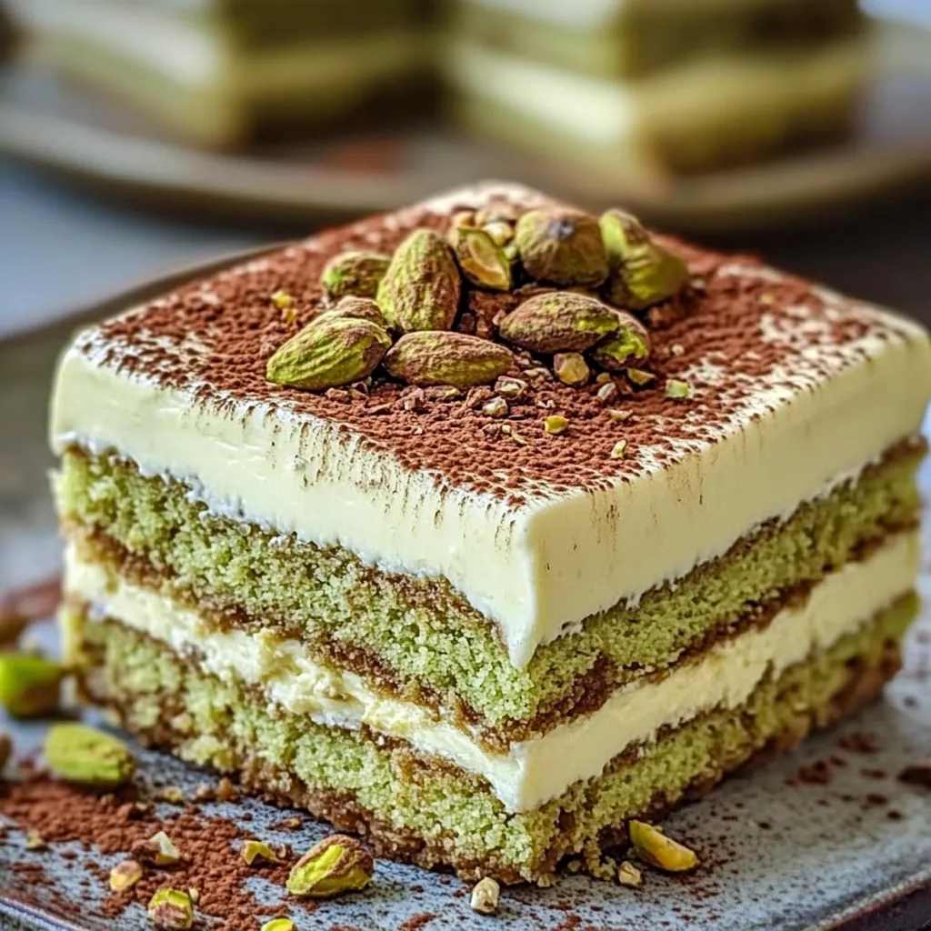 Tiramisu à la pistache présenté dans une verrine, avec des couches de crème onctueuse et des éclats de pistache sur le dessus.