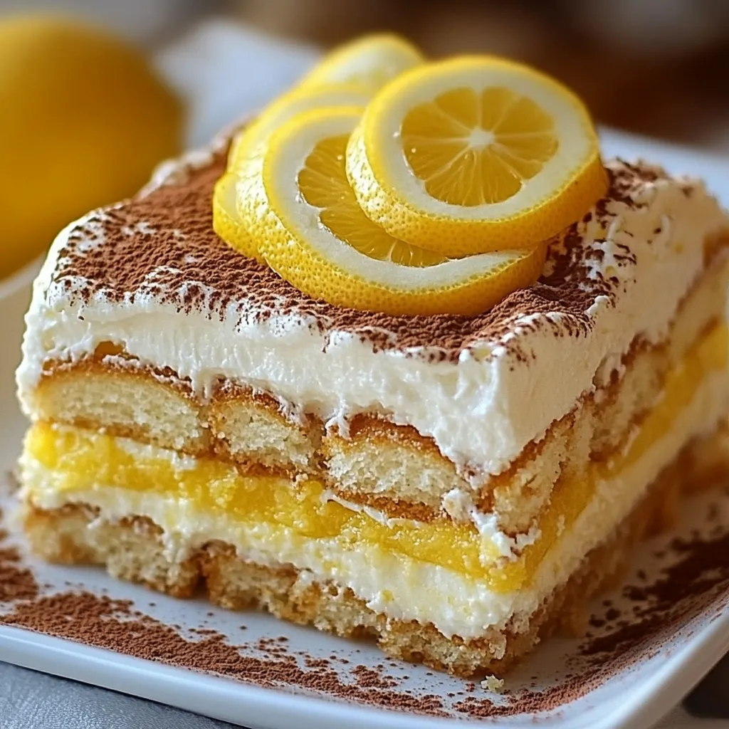 Un tiramisu au citron onctueux dans un plat en verre, garni de zestes de citron et d’une fine couche de sucre glace.