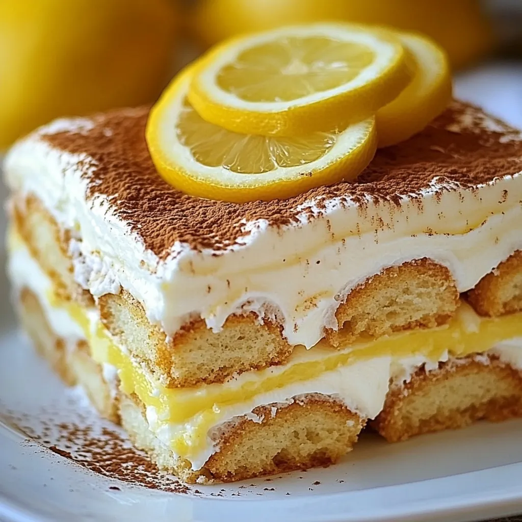 Un tiramisu au citron onctueux dans un plat en verre, garni de zestes de citron et d’une fine couche de sucre glace.