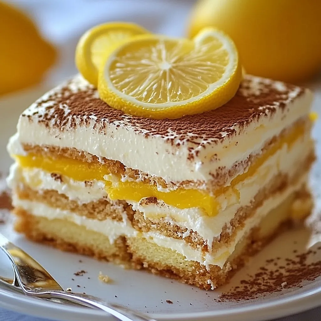 Un tiramisu au citron onctueux dans un plat en verre, garni de zestes de citron et d’une fine couche de sucre glace.