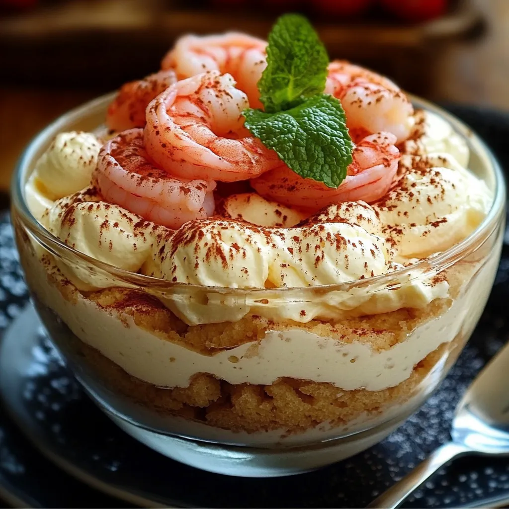 Tiramisu aux crevettes roses servi en verrine, avec une finition de paprika et d’aneth.