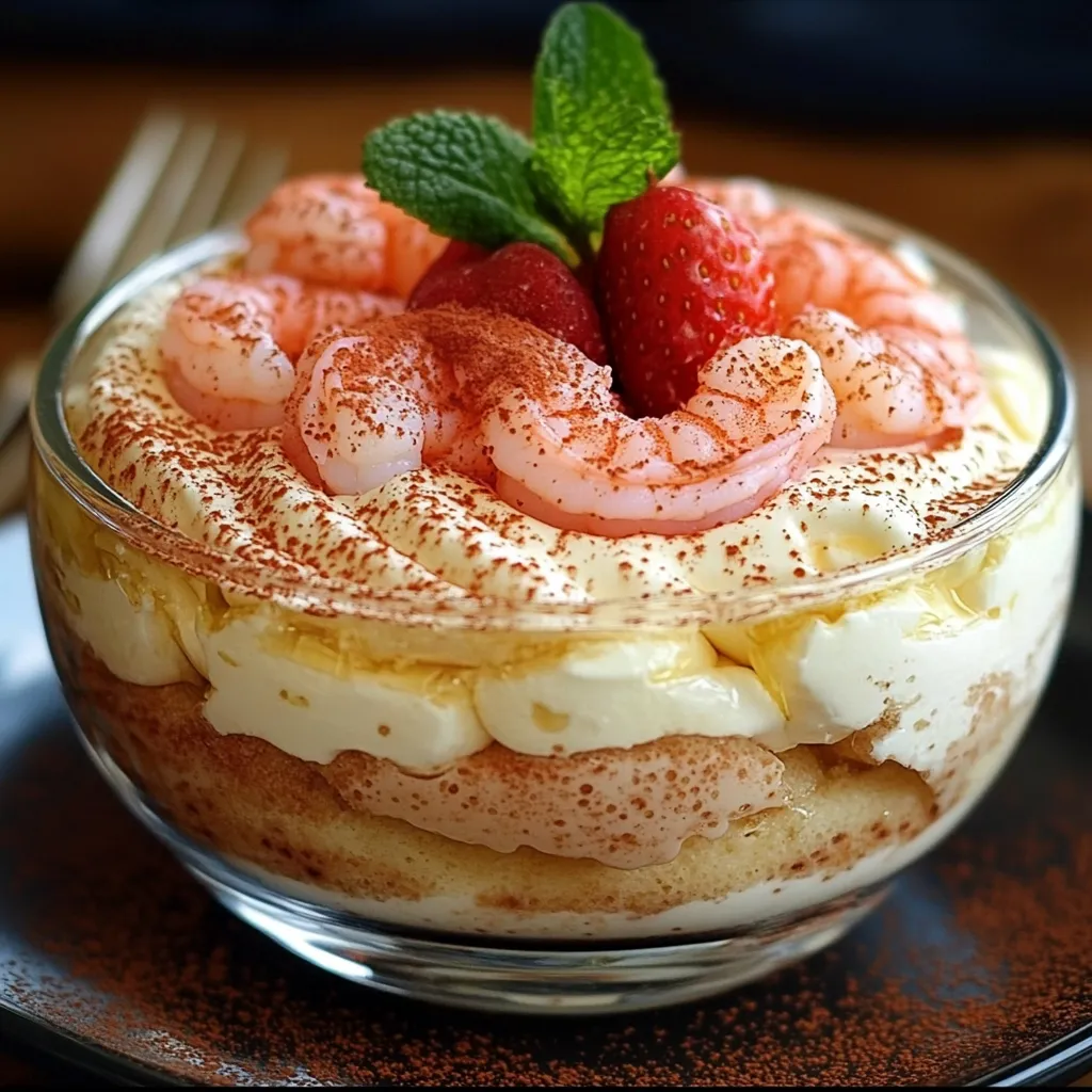 Tiramisu aux crevettes roses servi en verrine, avec une finition de paprika et d’aneth.