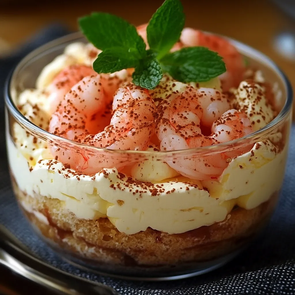 Tiramisu aux crevettes roses servi en verrine, avec une finition de paprika et d’aneth.
