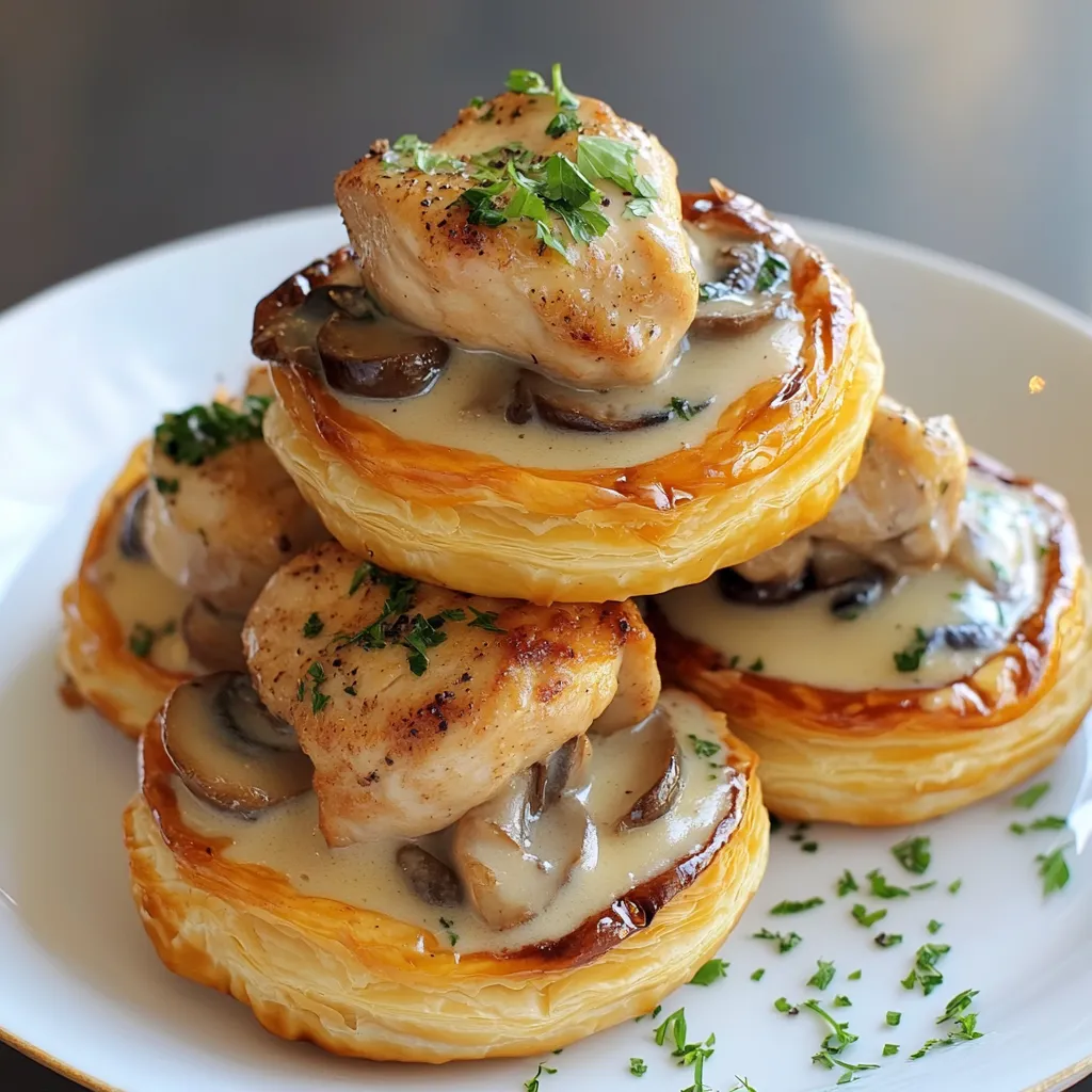 Vol-au-vent au poulet et champignons servi sur une assiette avec une sauce crémeuse, accompagné de persil frais.