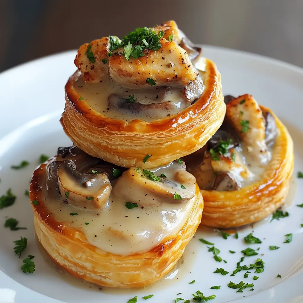 Vol-au-vent au poulet et champignons servi sur une assiette avec une sauce crémeuse, accompagné de persil frais.