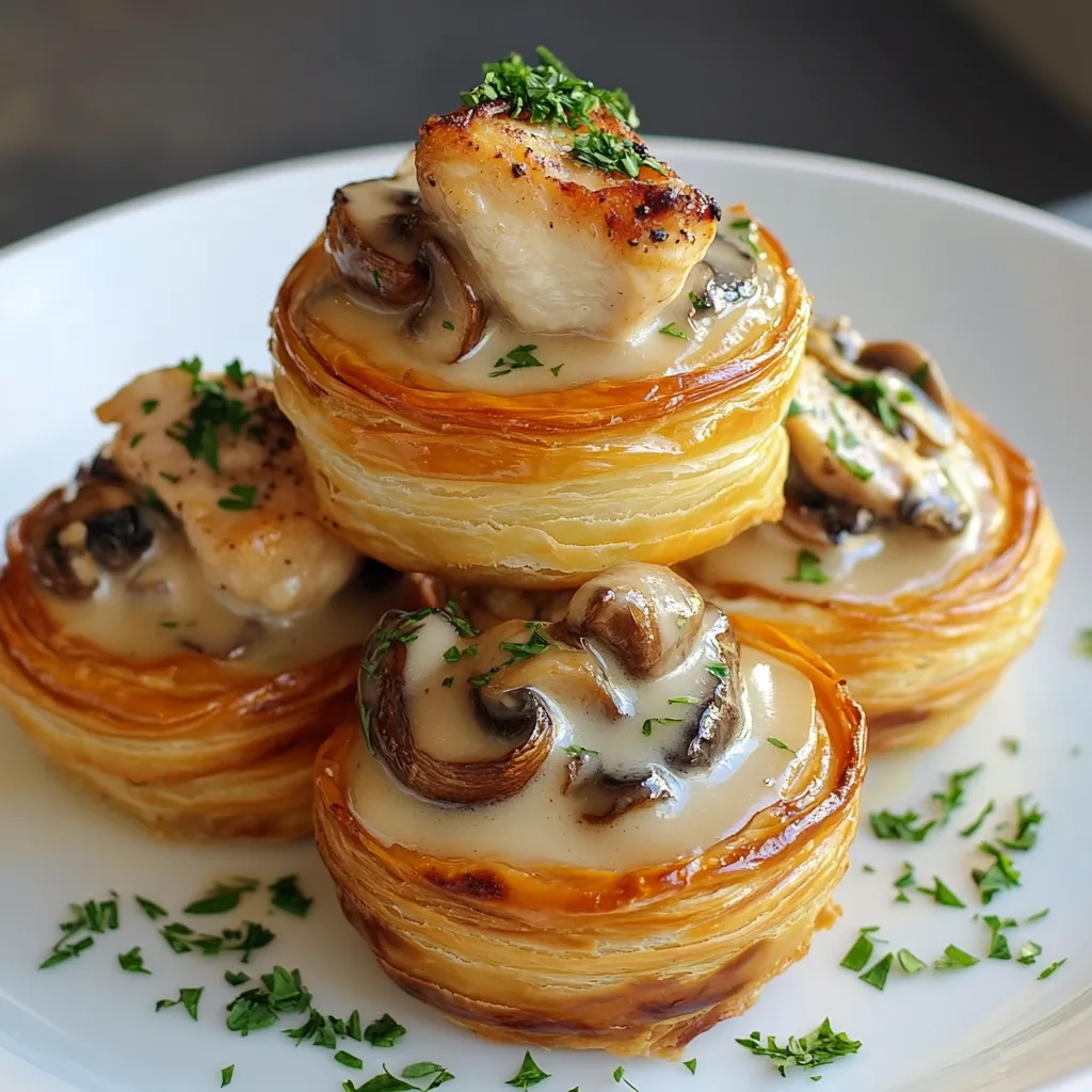 Vol-au-vent au poulet et champignons servi sur une assiette avec une sauce crémeuse, accompagné de persil frais.