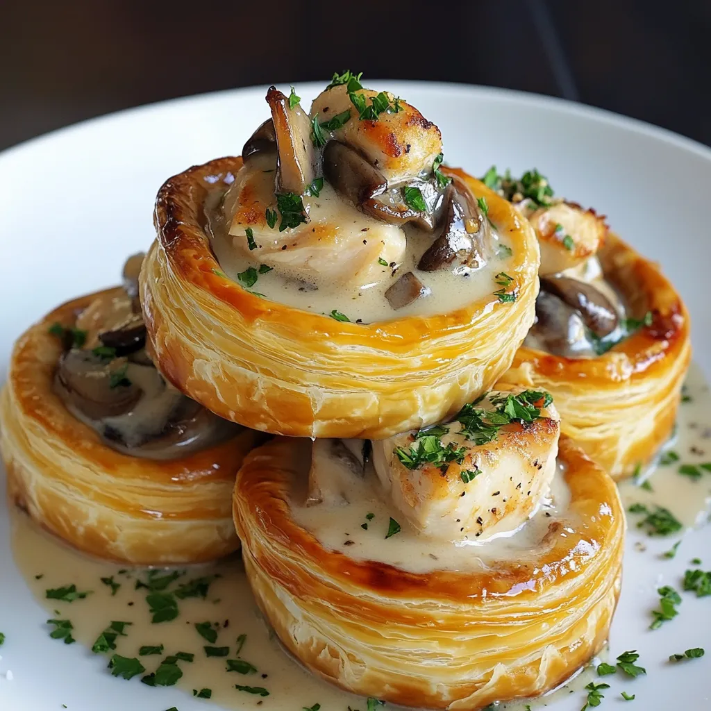Vol-au-vent au poulet et champignons servi sur une assiette avec une sauce crémeuse, accompagné de persil frais.