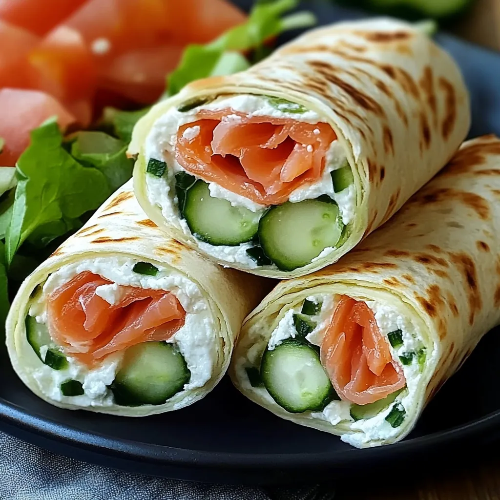 Wraps au fromage frais, concombre et saumon fumé joliment roulés et coupés en tranches sur une assiette.