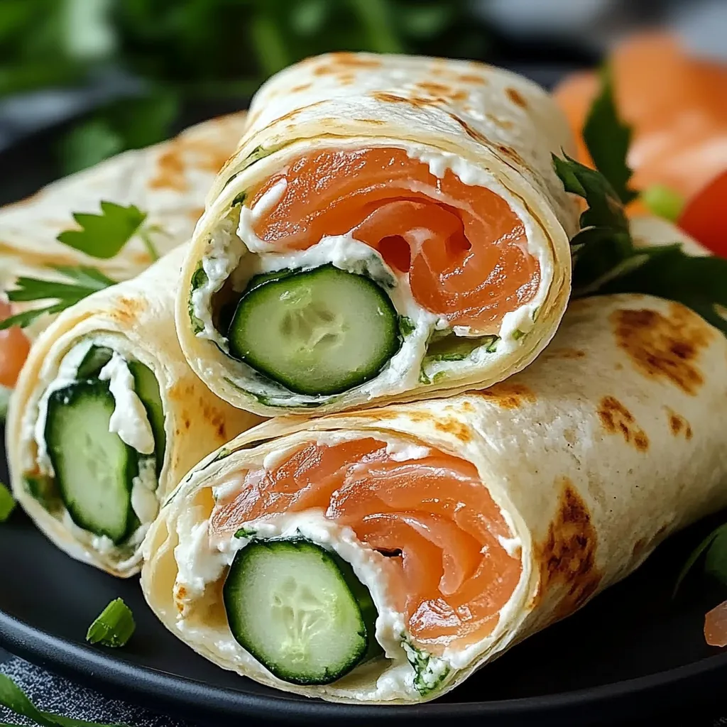 Wraps au fromage frais, concombre et saumon fumé joliment roulés et coupés en tranches sur une assiette.