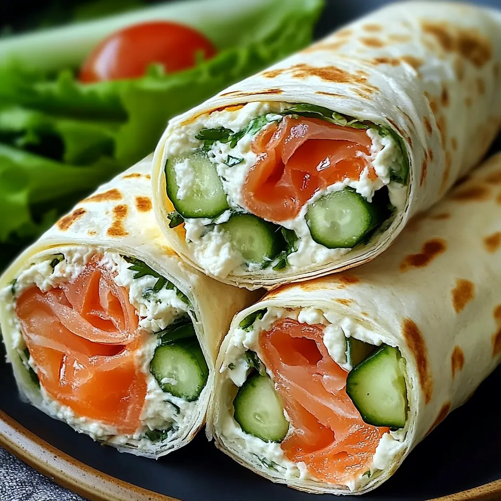 Wraps au fromage frais, concombre et saumon fumé joliment roulés et coupés en tranches sur une assiette.