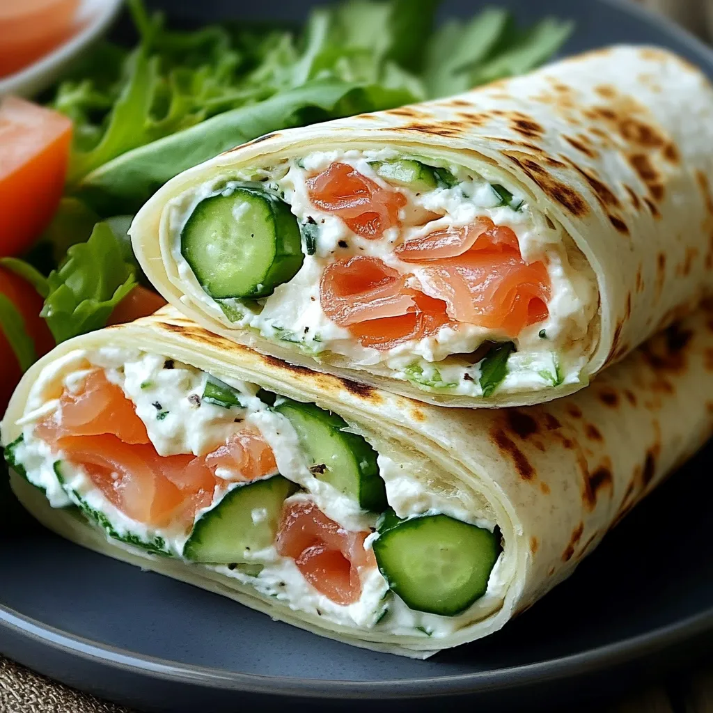 Wraps au fromage frais, concombre et saumon fumé joliment roulés et coupés en tranches sur une assiette.