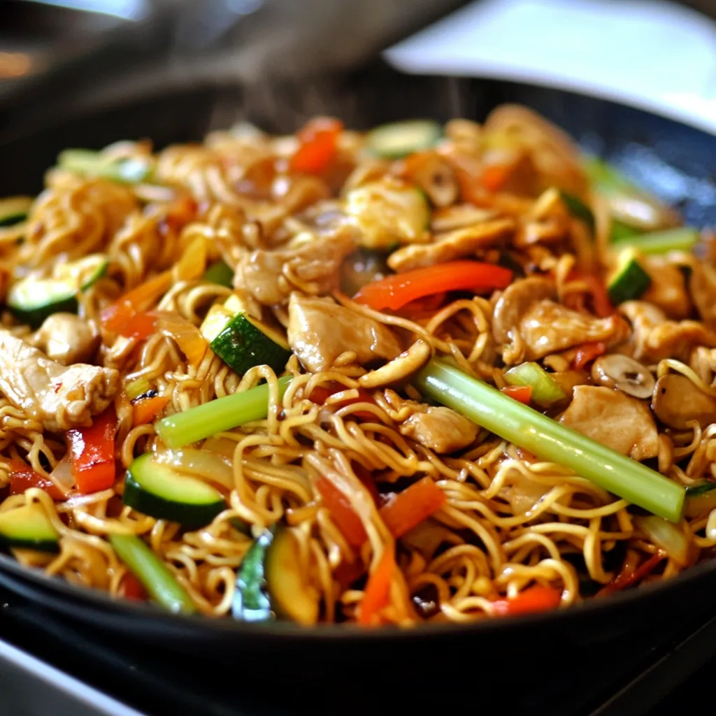 Wok de poulet aux nouilles et légumes avec sauce soja et légumes croquants, servi chaud dans un bol asiatique.