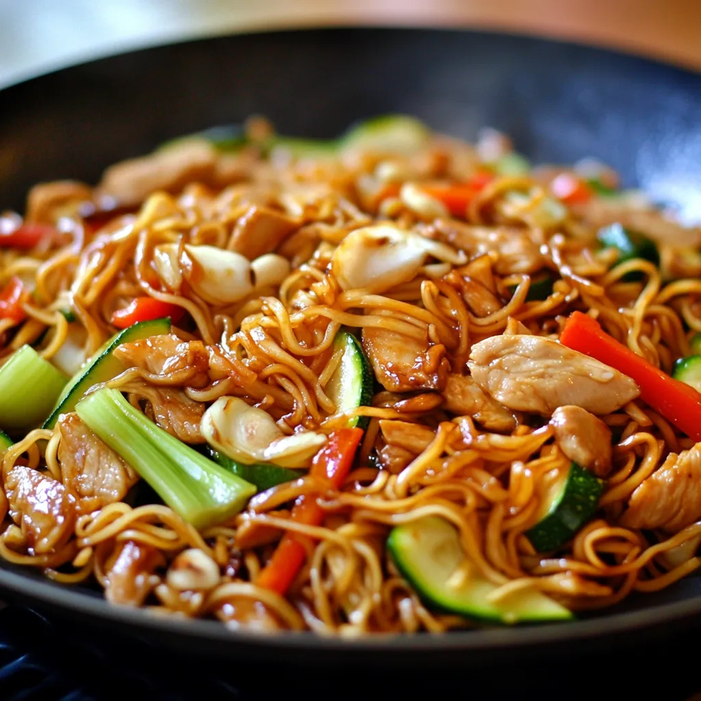 Wok de poulet aux nouilles et légumes avec sauce soja et légumes croquants, servi chaud dans un bol asiatique.