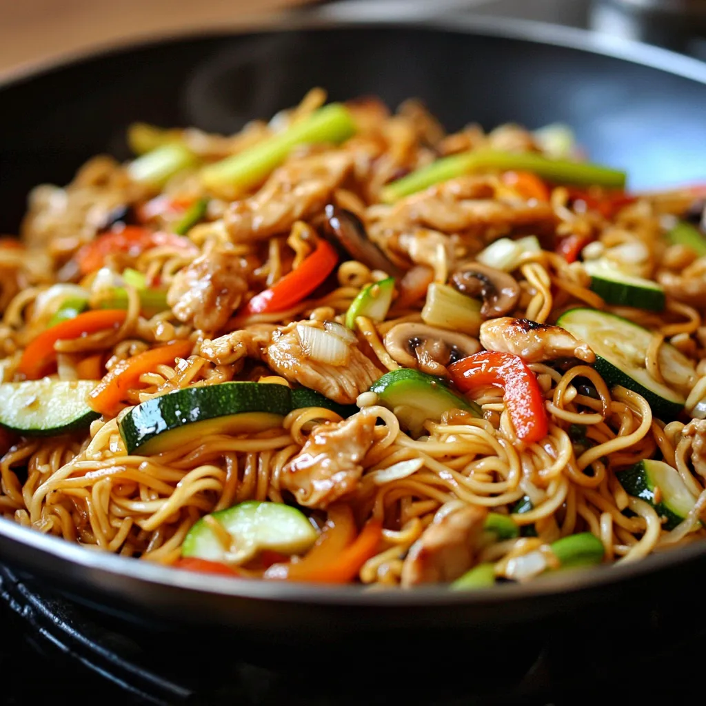 Wok de poulet aux nouilles et légumes avec sauce soja et légumes croquants, servi chaud dans un bol asiatique.