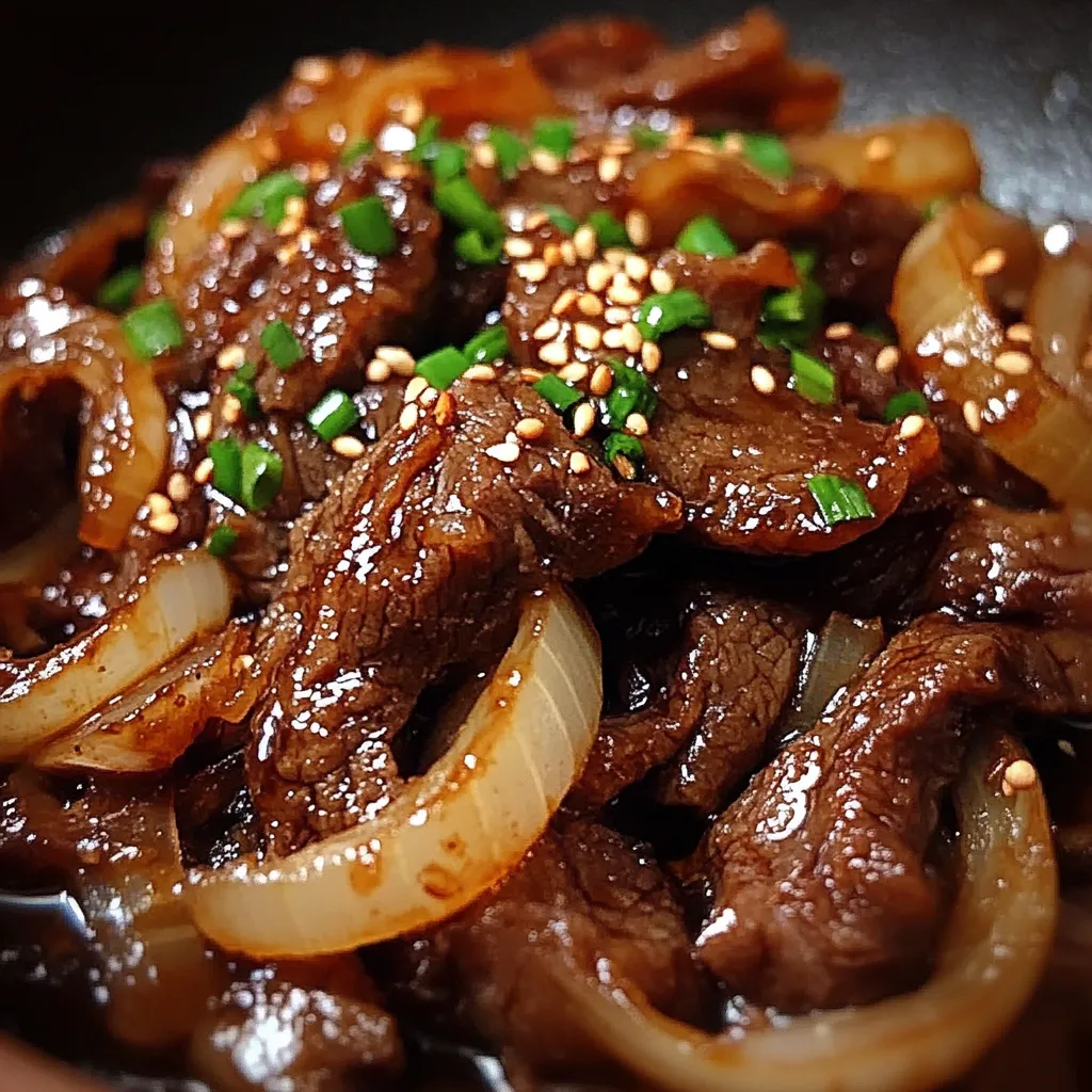 Photo d’un bœuf caramélisé aux oignons et sauce soja servi avec du riz blanc et parsemé de graines de sésame et de ciboulette.