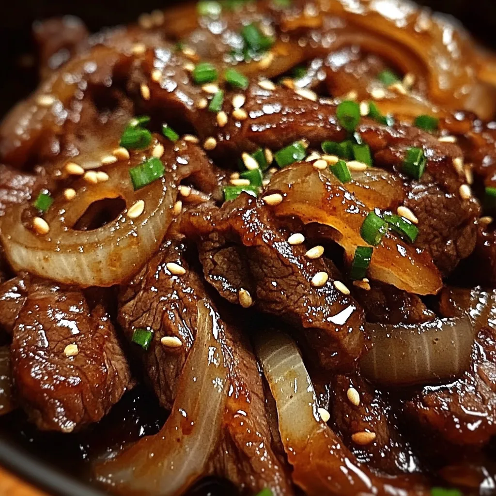 Photo d’un bœuf caramélisé aux oignons et sauce soja servi avec du riz blanc et parsemé de graines de sésame et de ciboulette.