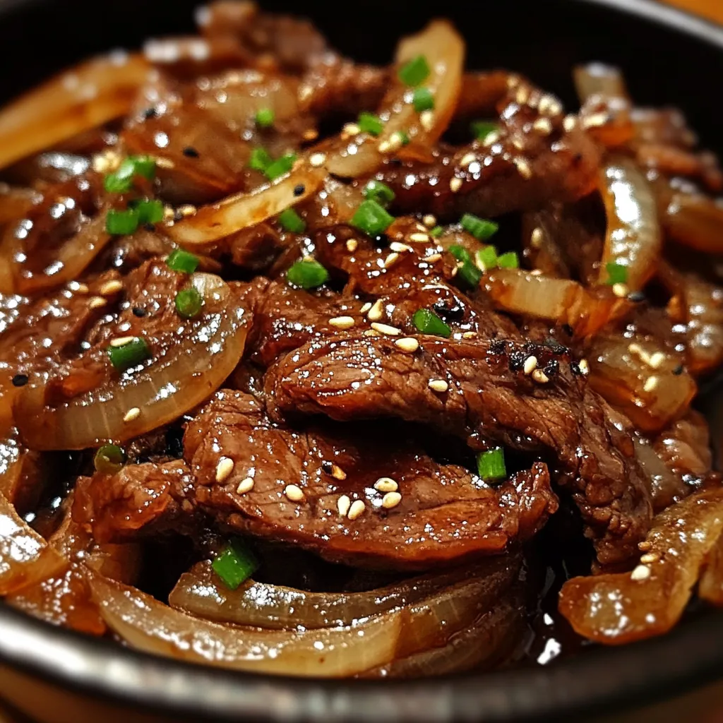 Photo d’un bœuf caramélisé aux oignons et sauce soja servi avec du riz blanc et parsemé de graines de sésame et de ciboulette.