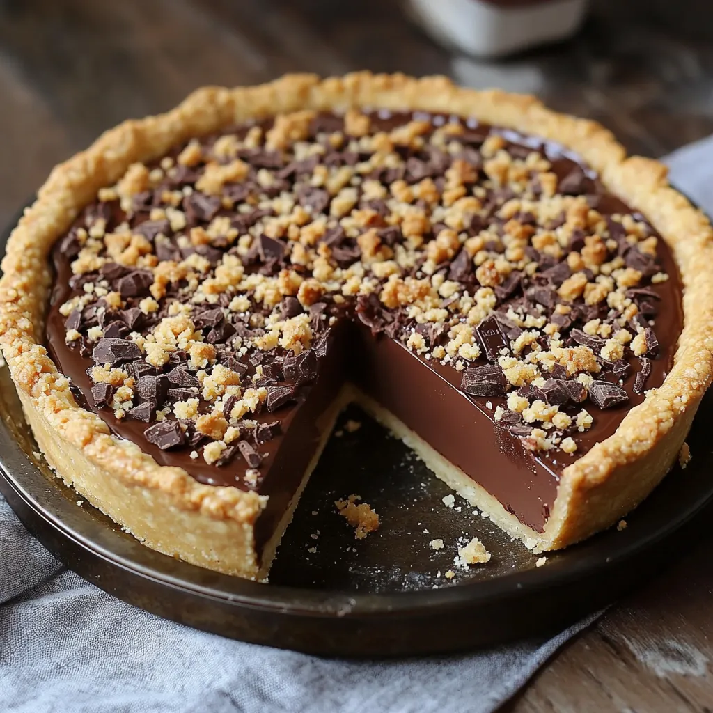 Tarte au chocolat super fondante avec un crumble croustillant, servie sur une assiette avec une cuillère en chocolat.