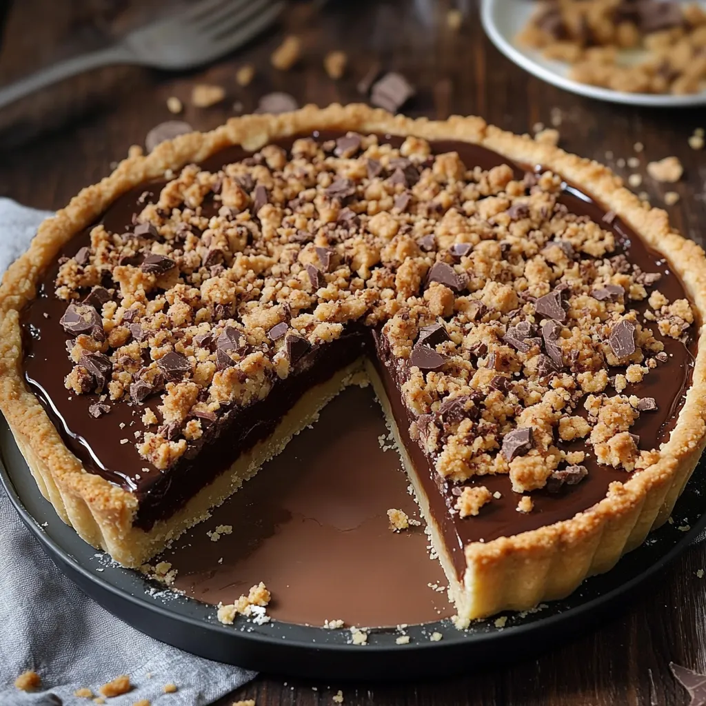 Tarte au chocolat super fondante avec un crumble croustillant, servie sur une assiette avec une cuillère en chocolat.