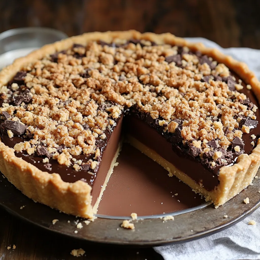Tarte au chocolat super fondante avec un crumble croustillant, servie sur une assiette avec une cuillère en chocolat.