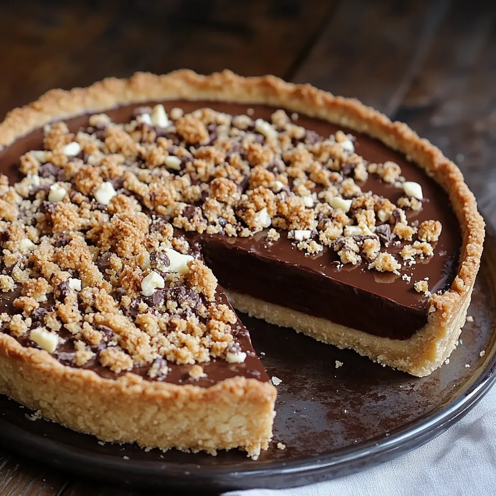 Tarte au chocolat super fondante avec un crumble croustillant, servie sur une assiette avec une cuillère en chocolat.