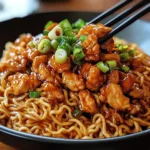 Nouilles sautées au poulet caramélisé servies dans un bol avec légumes croquants