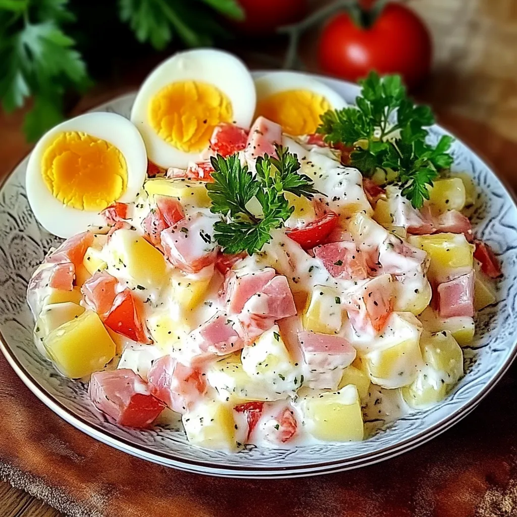 Salade piémontaise traditionnelle avec pommes de terre, œufs, tomates et cornichons, servie fraîche.