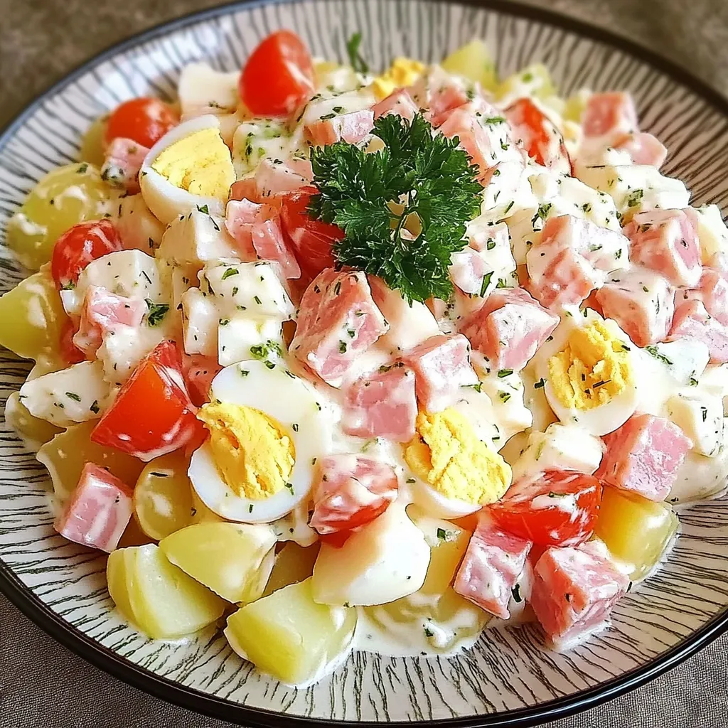 Salade piémontaise traditionnelle avec pommes de terre, œufs, tomates et cornichons, servie fraîche.