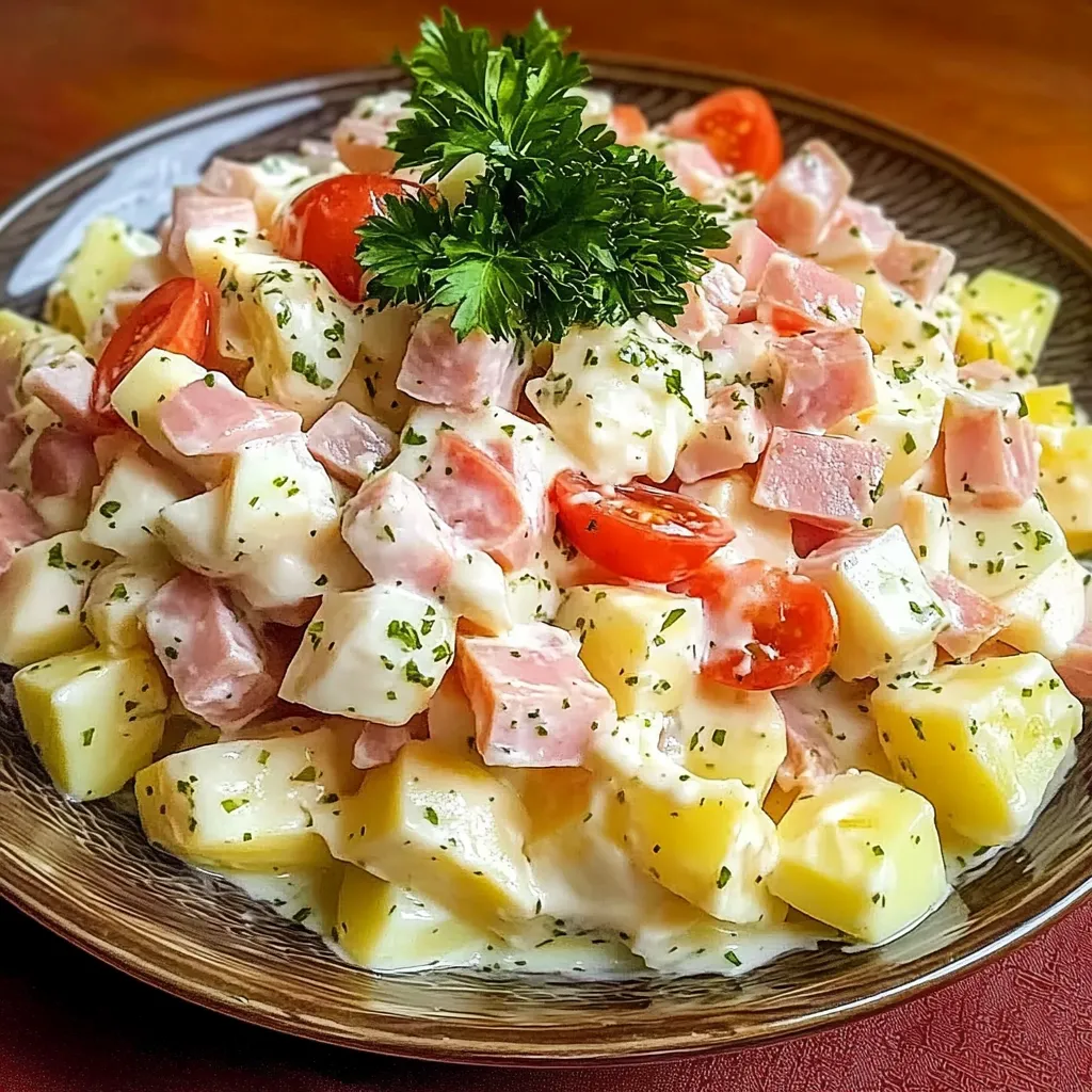 Salade piémontaise traditionnelle avec pommes de terre, œufs, tomates et cornichons, servie fraîche.