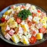 Salade piémontaise traditionnelle avec pommes de terre, œufs, tomates et cornichons, servie fraîche.