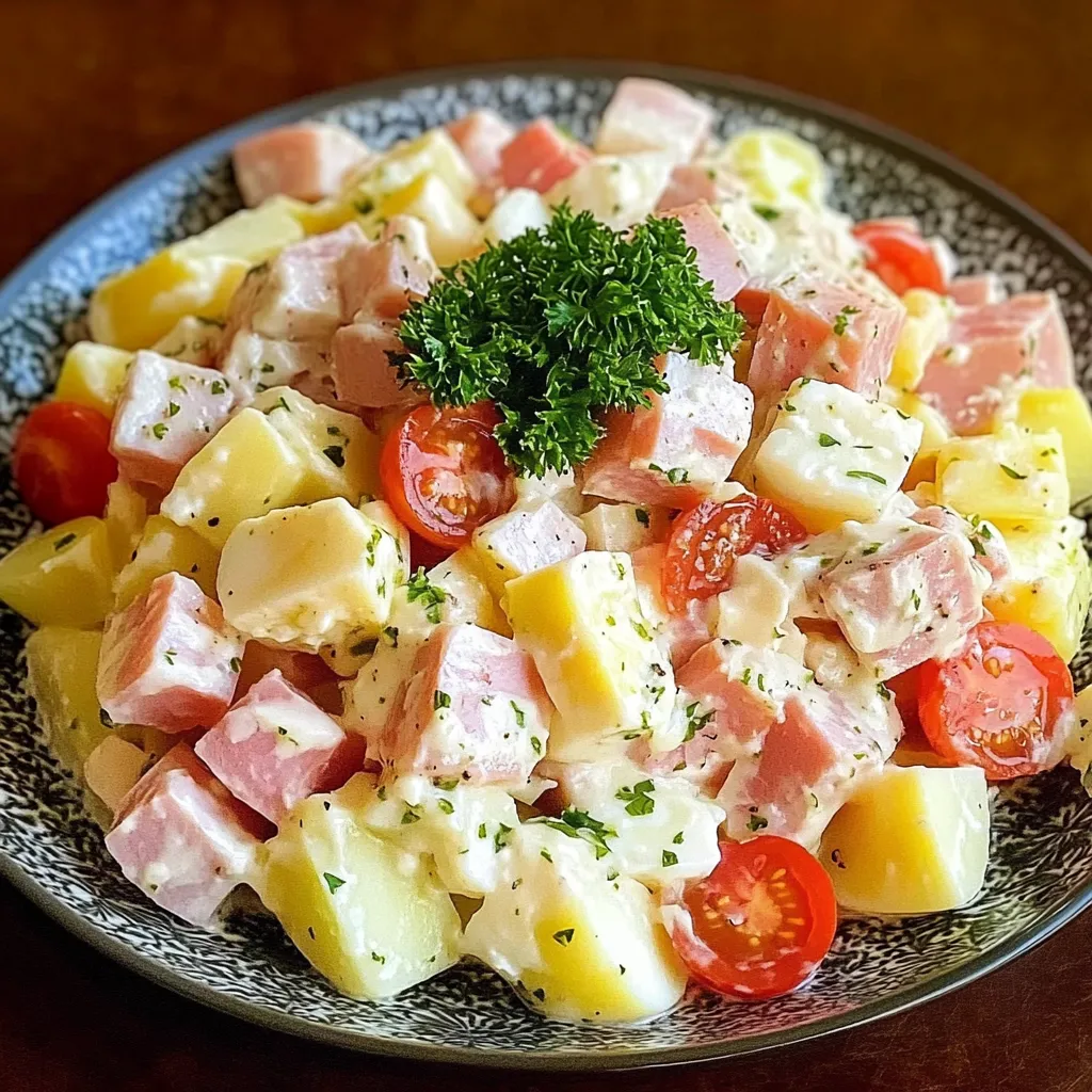 Salade piémontaise traditionnelle avec pommes de terre, œufs, tomates et cornichons, servie fraîche.