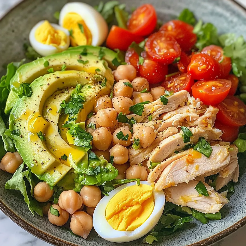 Salade protéinée au poulet, avocat et pois chiches servie dans un bol blanc, garnie de persil frais.