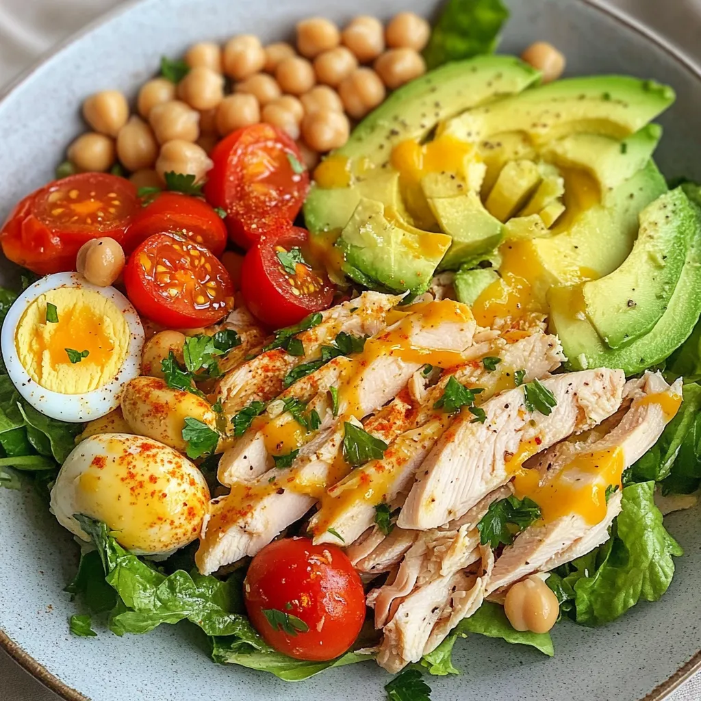 Salade protéinée au poulet, avocat et pois chiches servie dans un bol blanc, garnie de persil frais.