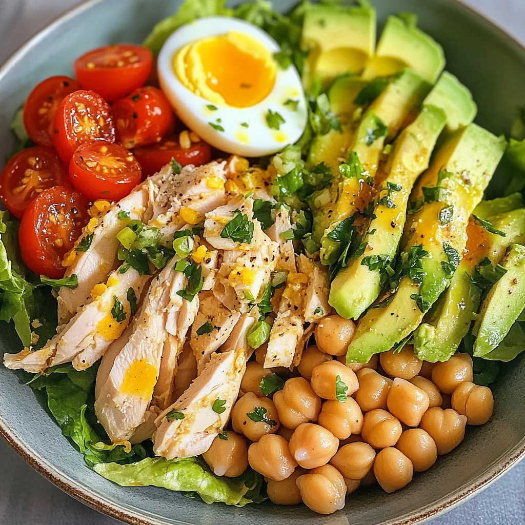 Salade protéinée au poulet, avocat et pois chiches servie dans un bol blanc, garnie de persil frais.