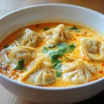 Bol de soupe thaïlandaise au lait de coco et raviolis maison, garni de coriandre et piment rouge