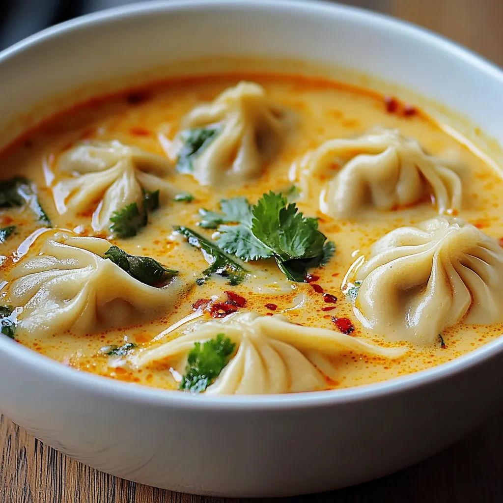 Bol de soupe thaïlandaise au lait de coco et raviolis maison, garni de coriandre et piment rouge