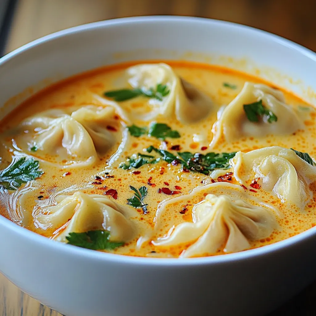Bol de soupe thaïlandaise au lait de coco et raviolis maison, garni de coriandre et piment rouge
