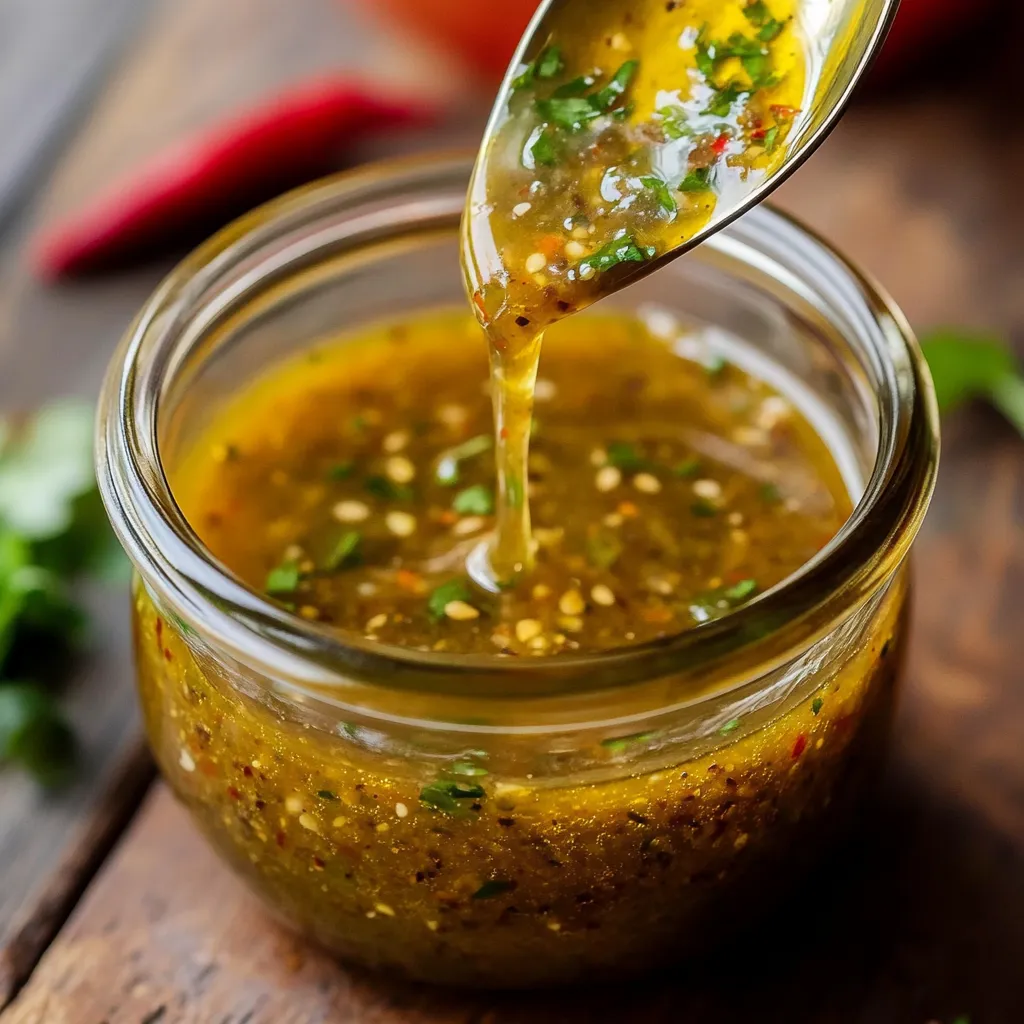 Vinaigrette maison rapide dans un bocal en verre avec huile d'olive, moutarde et miel.