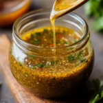 Vinaigrette maison rapide dans un bocal en verre avec huile d'olive, moutarde et miel.