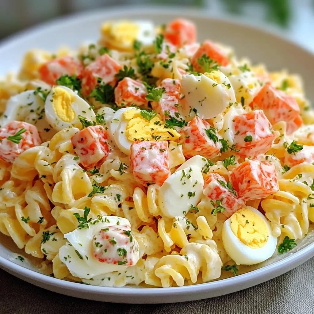 Bol de salade de pâtes au surimi et œufs durs avec tomates, concombre et herbes fraîches