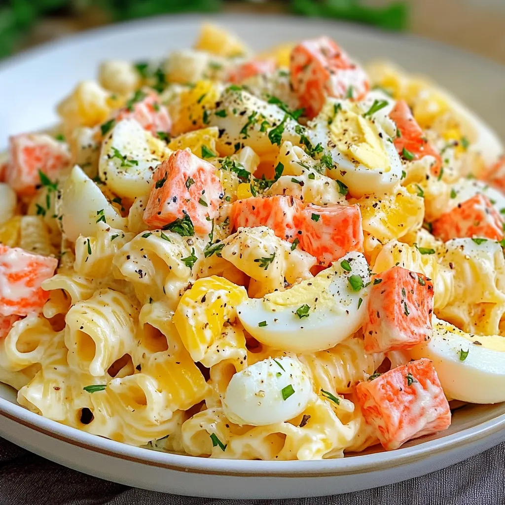 Bol de salade de pâtes au surimi et œufs durs avec tomates, concombre et herbes fraîches