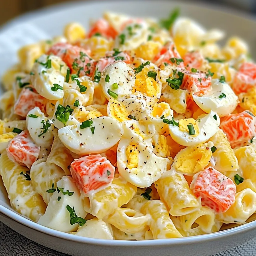 Bol de salade de pâtes au surimi et œufs durs avec tomates, concombre et herbes fraîches