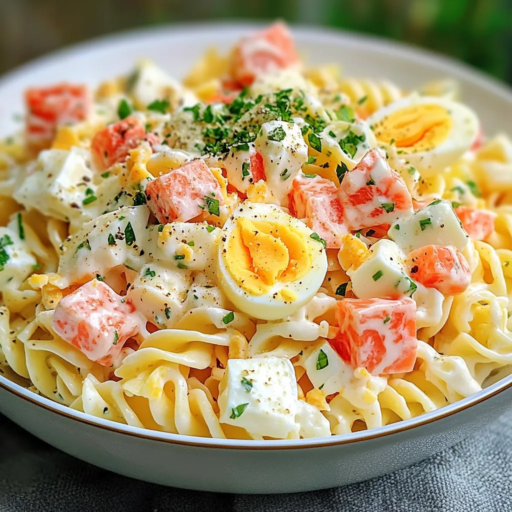 Bol de salade de pâtes au surimi et œufs durs avec tomates, concombre et herbes fraîches