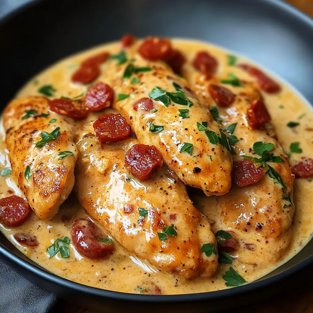 Aiguillettes de poulet nappées de sauce crémeuse au chorizo de bœuf servies dans une assiette rustique