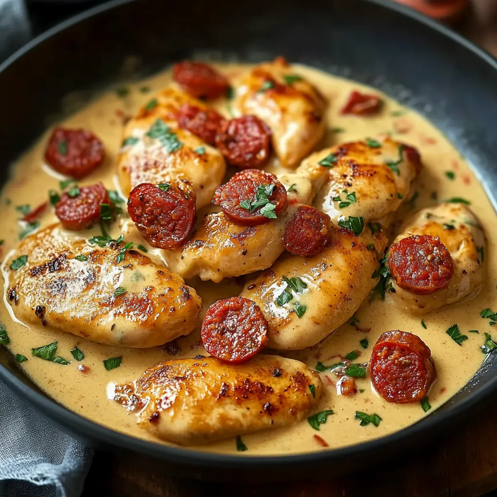 Aiguillettes de poulet nappées de sauce crémeuse au chorizo de bœuf servies dans une assiette rustique